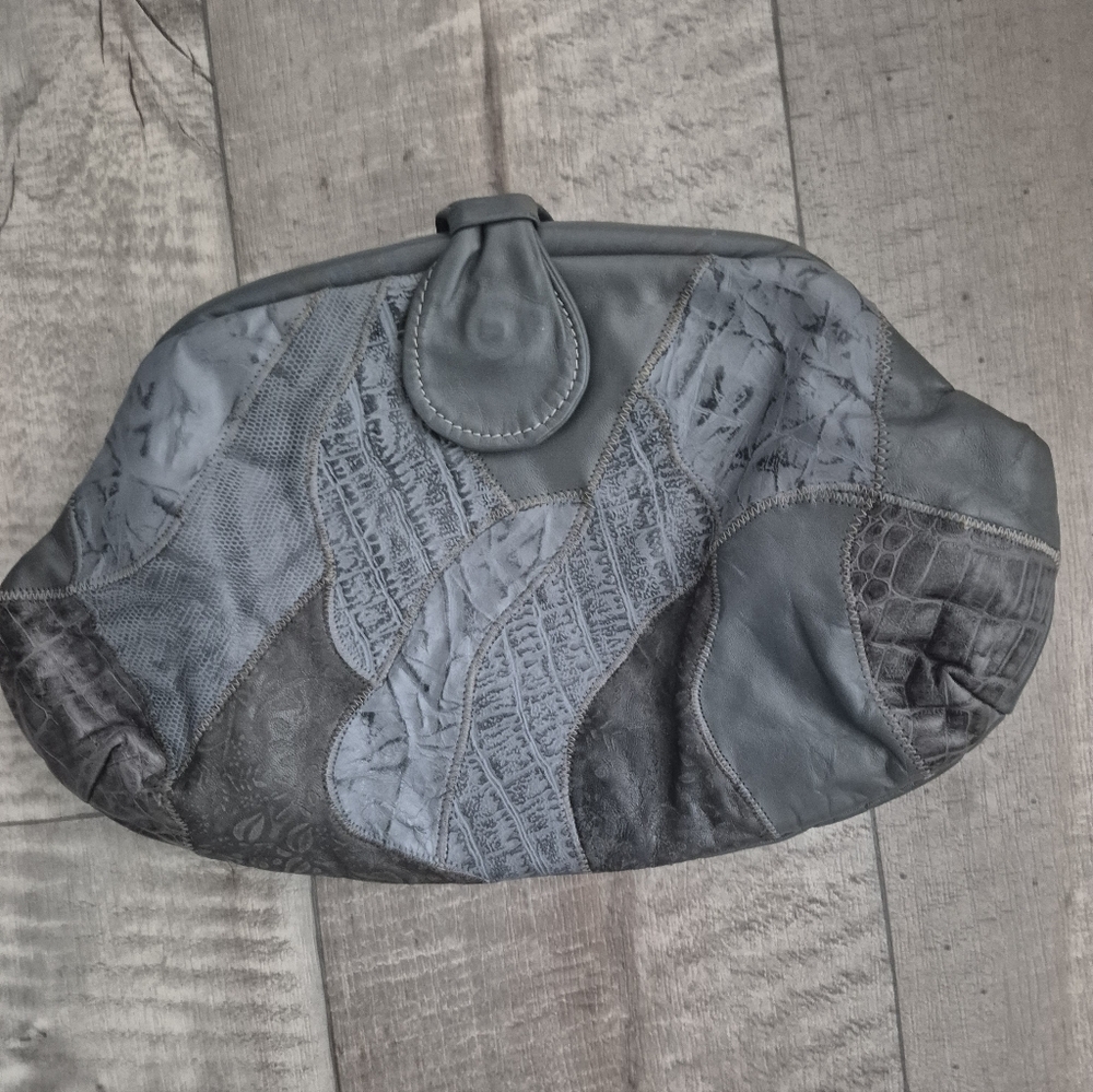 Patchwork Leather Clutch in Slate Gray Vintage 80s